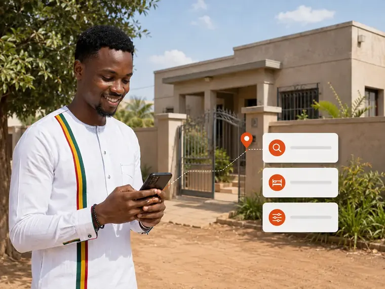 Illustration : un homme consulte son téléphone devant une maison au Burkina Faso.