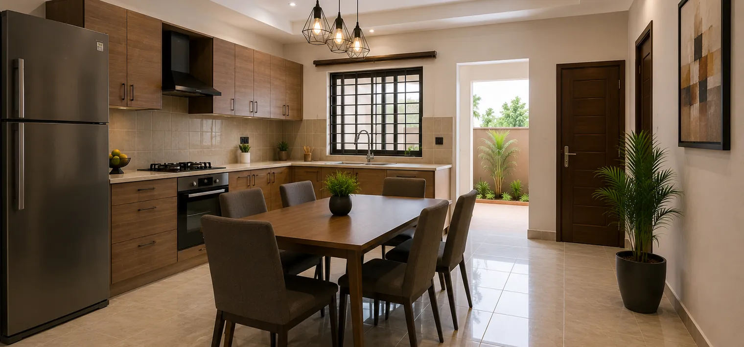 Cuisine moderne et lumineuse avec salle à manger, exemple de logement disponible sur Faso Zaaka