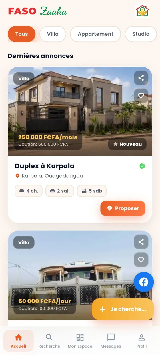 Écran d'accueil de l'application Faso Zaaka avec la recherche, les catégories et les dernières annonces