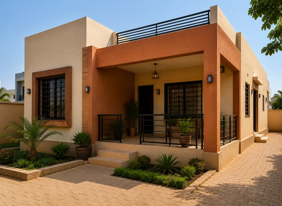 Maison moderne aux tons terracotta avec terrasse et jardin — exemple de bien proposé sur Faso Zaaka